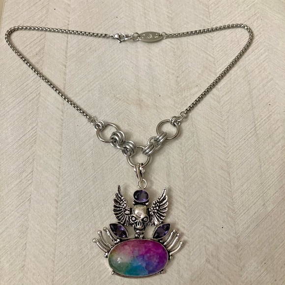 925 sterling silver overlay amethyst & rainbow solar quartz boho skull necklace - Picture 8 of 11